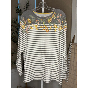 Women's Croft & Barrow 1X Grey White Striped Floral Long Sleeve Tee